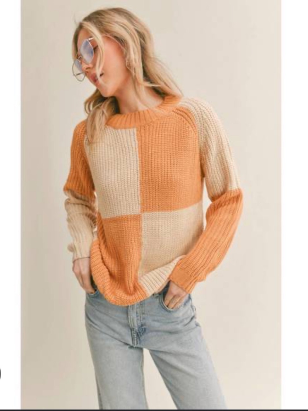 Sage Colorblock Crewneck Sweater in Mustard & Cream - Picture 2 of 5